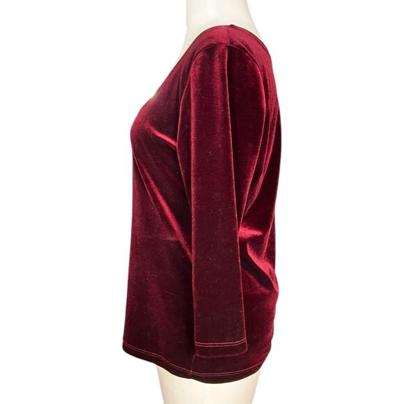 Boston Proper Velvet Top Medium Burgundy Scoop Neck 3/4 Sleeve Stretch Blouse - Picture 3 of 10